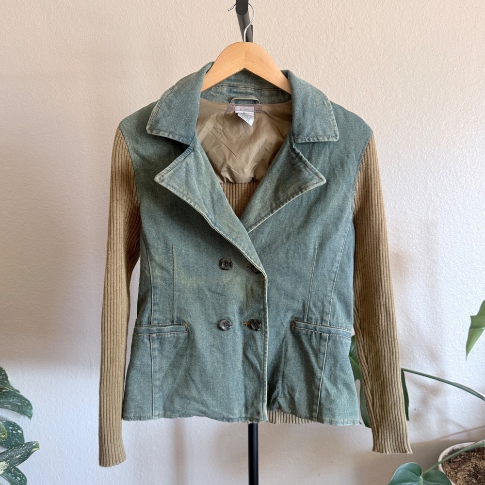 Vintage Mixed Media Denim Knit Jacket Green Tan Double Breasted XL Womens